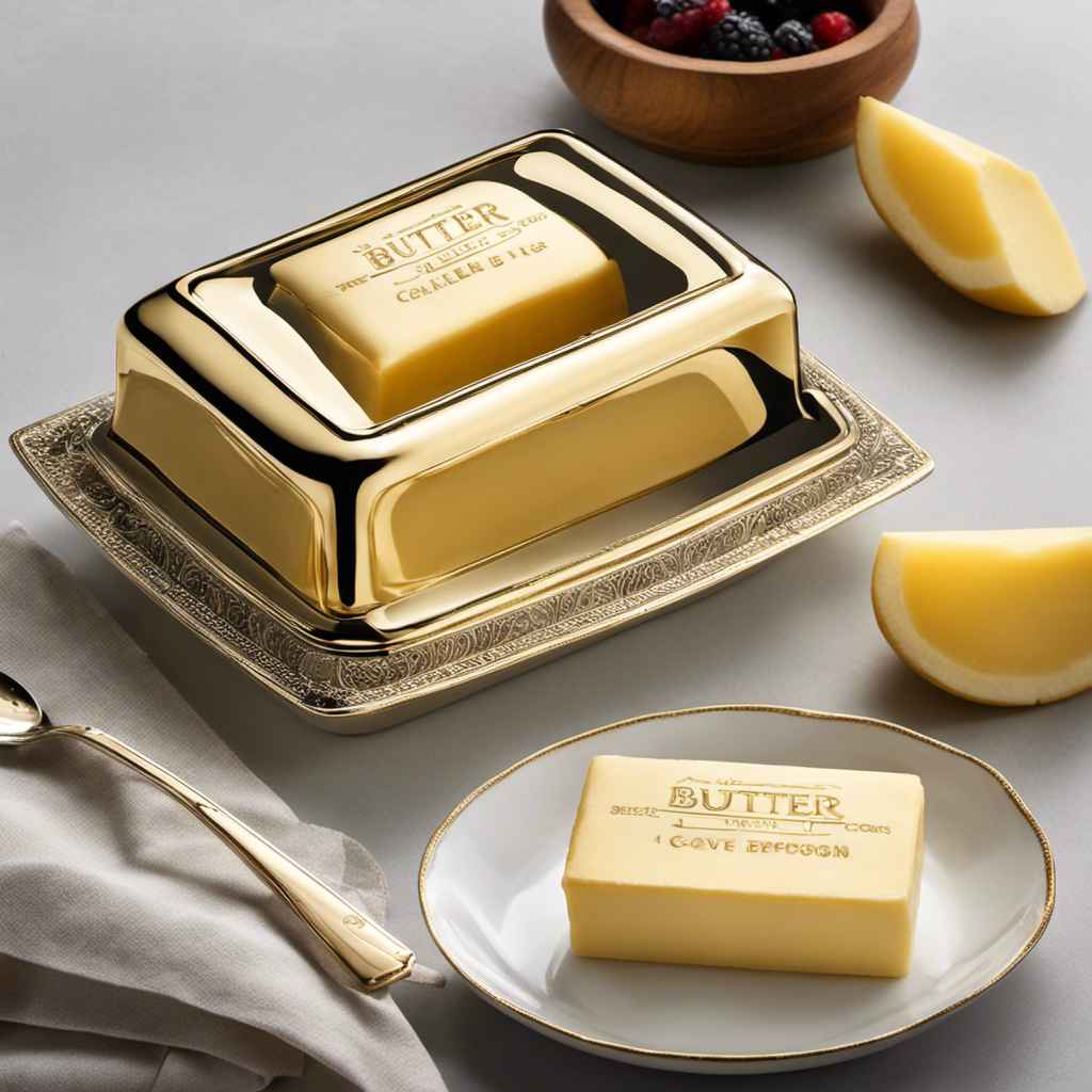 An image showing a small, rectangular butter dish with a clearly labeled measurement of 2 tablespoons etched into the golden butter, accompanied by a measuring spoon filled precisely to the brim with creamy butter