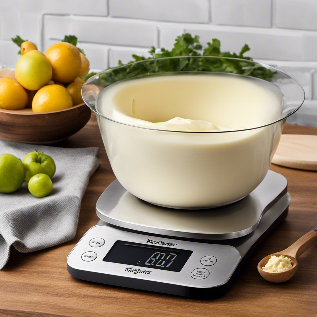 An image showcasing a digital kitchen scale with a bowl of creamy butter weighing precisely 200 grams