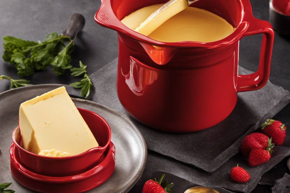 An image capturing a vibrant red measuring cup filled to the brim with precisely 200g of creamy, golden butter, perfectly molded with a small knife mark on top