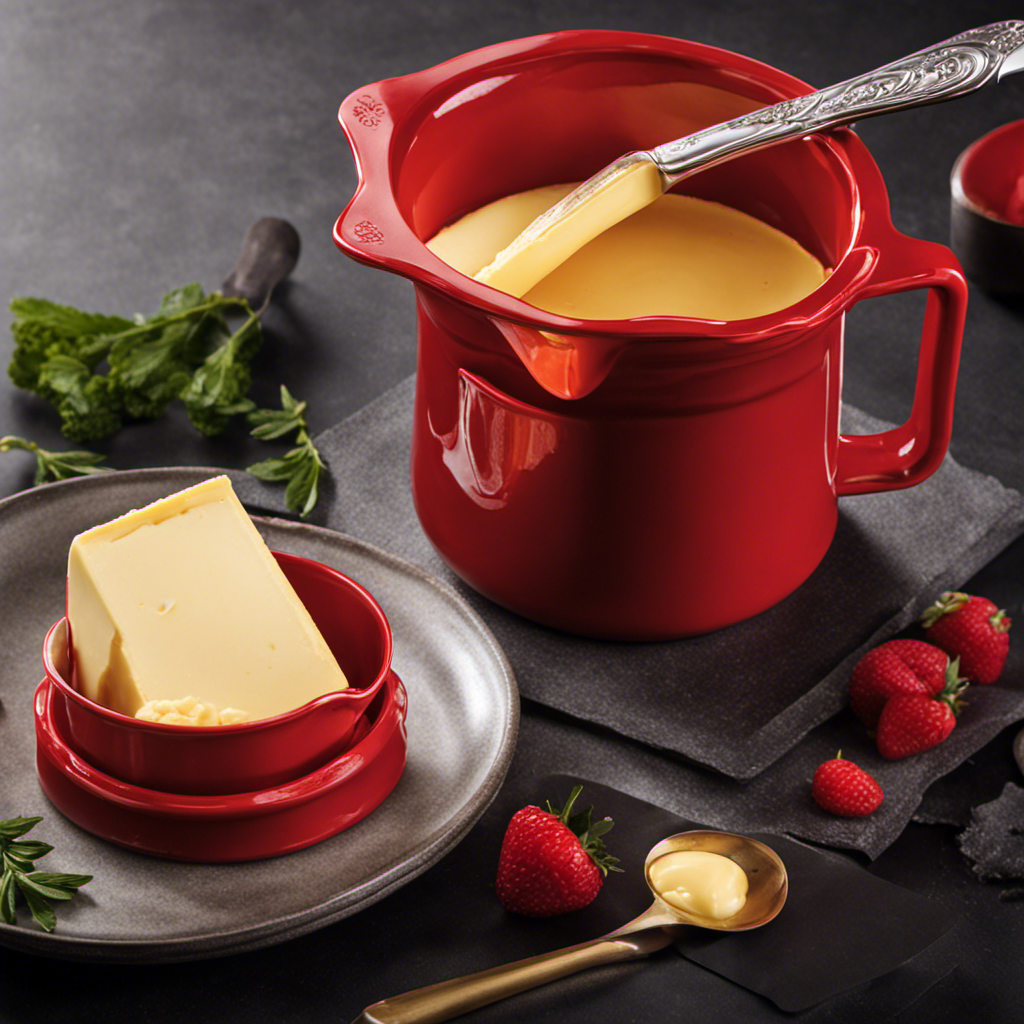 An image capturing a vibrant red measuring cup filled to the brim with precisely 200g of creamy, golden butter, perfectly molded with a small knife mark on top