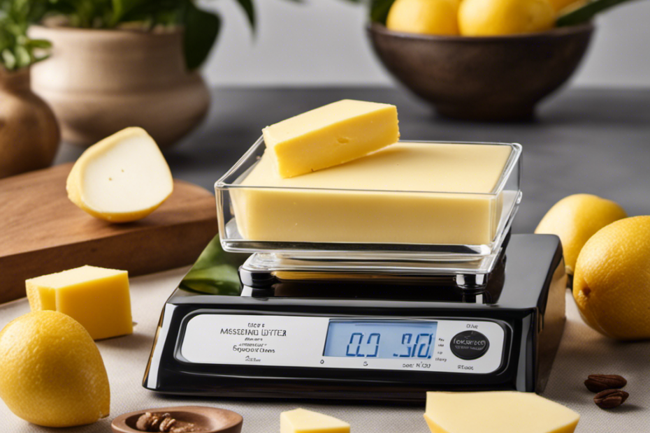 An image showcasing a sleek, transparent measuring scale with precisely measured 200g of creamy, golden butter, exuding a rich aroma