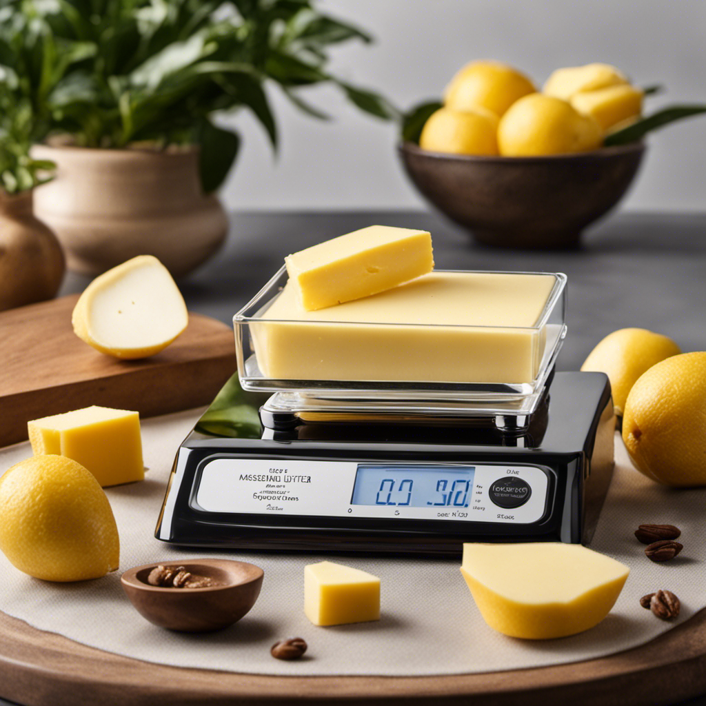 An image showcasing a sleek, transparent measuring scale with precisely measured 200g of creamy, golden butter, exuding a rich aroma