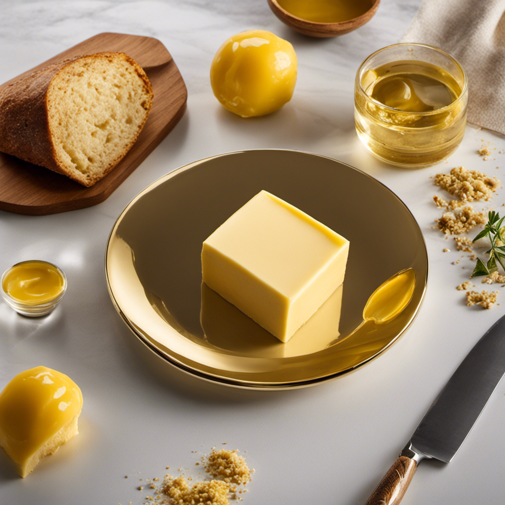 An image of a small plate with a precise mound of creamy, golden butter weighing 25 grams