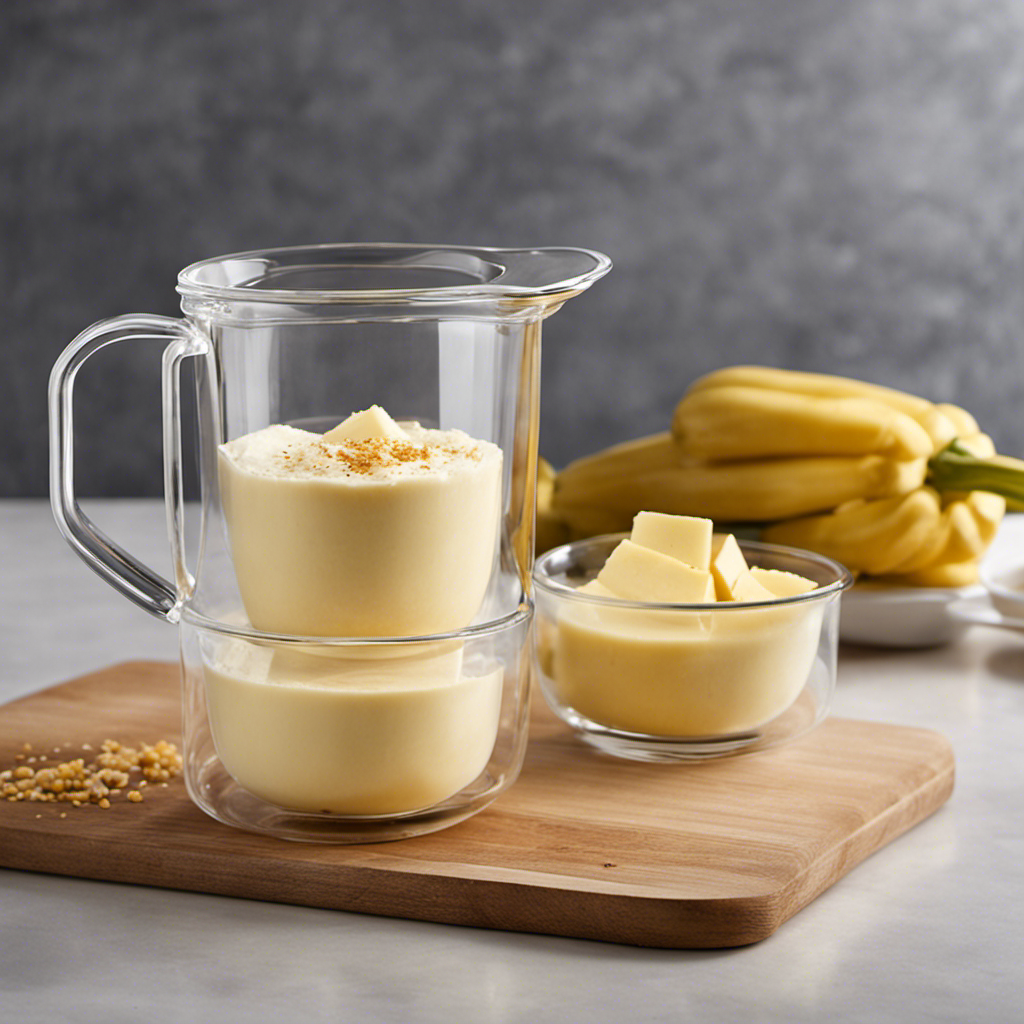 An image showcasing a clear glass measuring cup filled with precisely 3/4 cup of creamy, golden butter