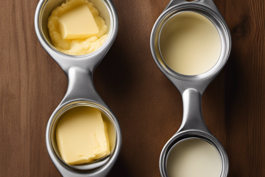 An image showcasing three 4-cup measuring cups filled with butter, each pouring into a collection of small tablespoons