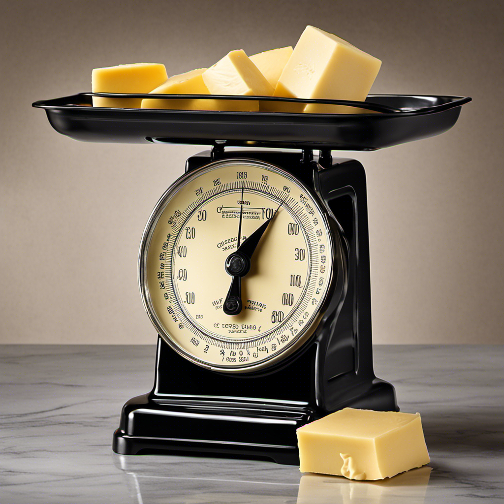 An image showcasing a classic kitchen scale, displaying a neat pile of four butter wrappers, each holding 3 ounces of creamy, golden butter