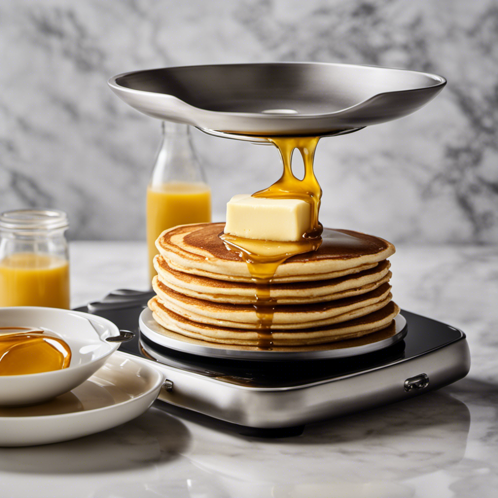 An image showcasing a digital kitchen scale displaying precisely 3 ounces of creamy butter, gently melting atop a stack of warm, golden pancakes, surrounded by a drizzle of maple syrup and a pat of butter on the side