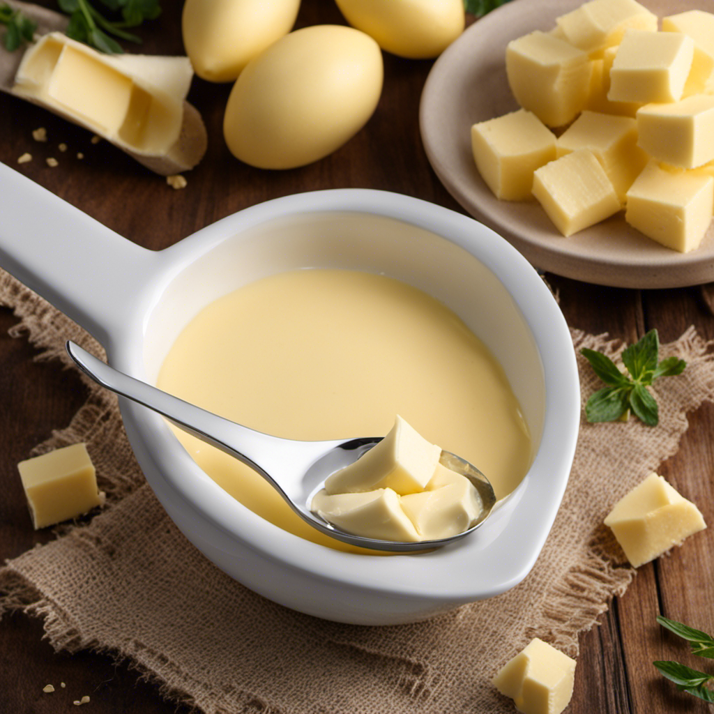 An image showcasing a sleek white measuring spoon filled with precisely measured creamy yellow butter, precisely representing 3 tablespoons