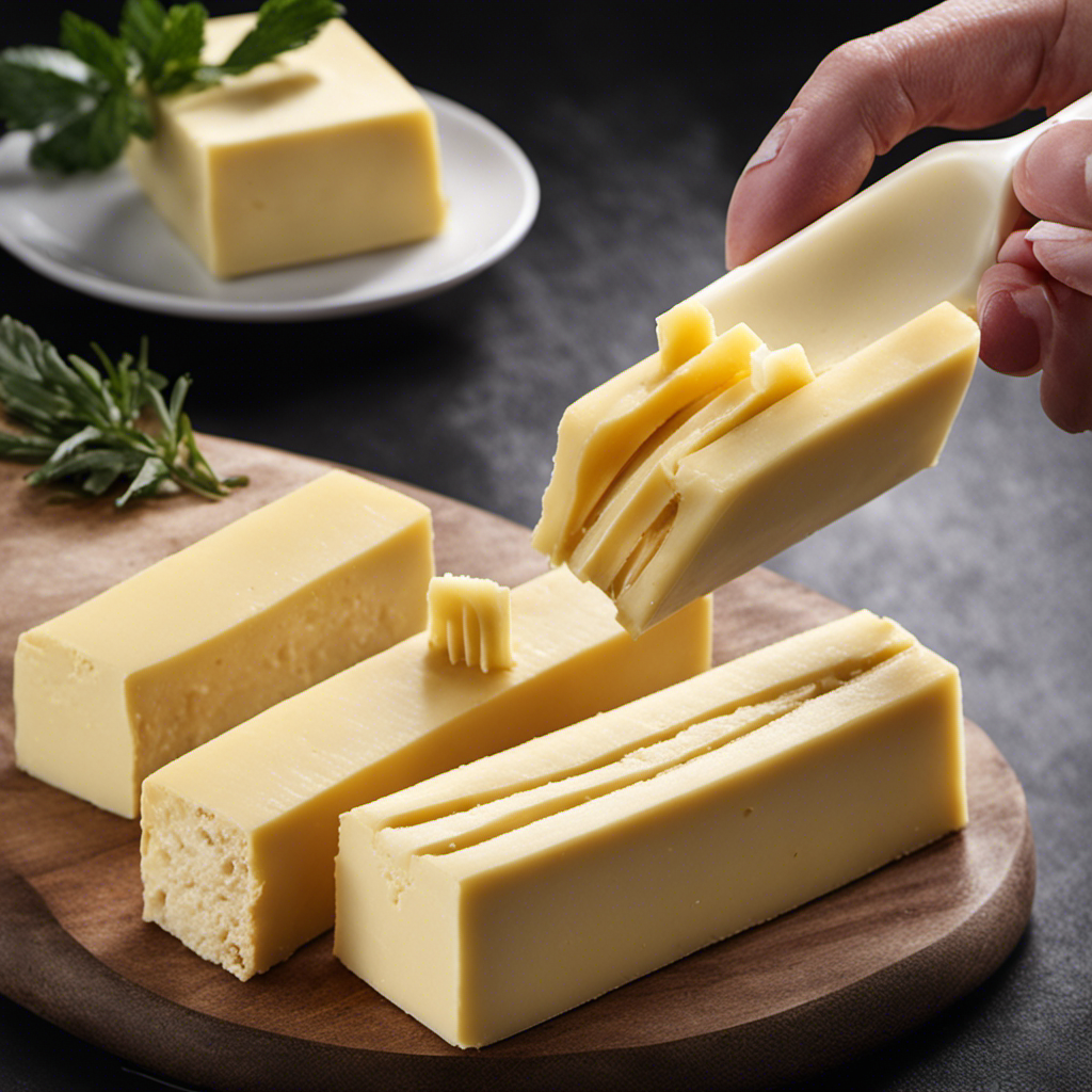 An image depicting a small, rectangular butter stick partially sliced into three equal portions, each measuring exactly 1 tablespoon