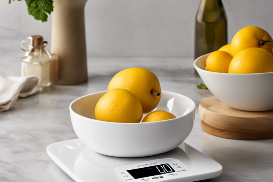 An image showcasing a sleek, white kitchen scale with a small dish containing precisely 30 grams of smooth, golden butter, melting slightly at room temperature, evoking its creamy texture and rich aroma