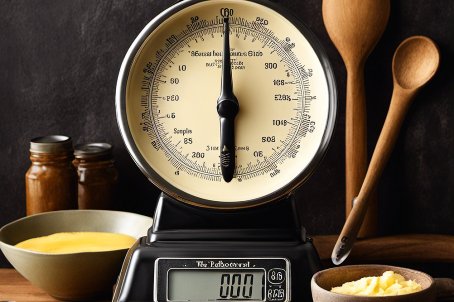 An image depicting a rustic kitchen scale with a pat of butter weighing 30 grams