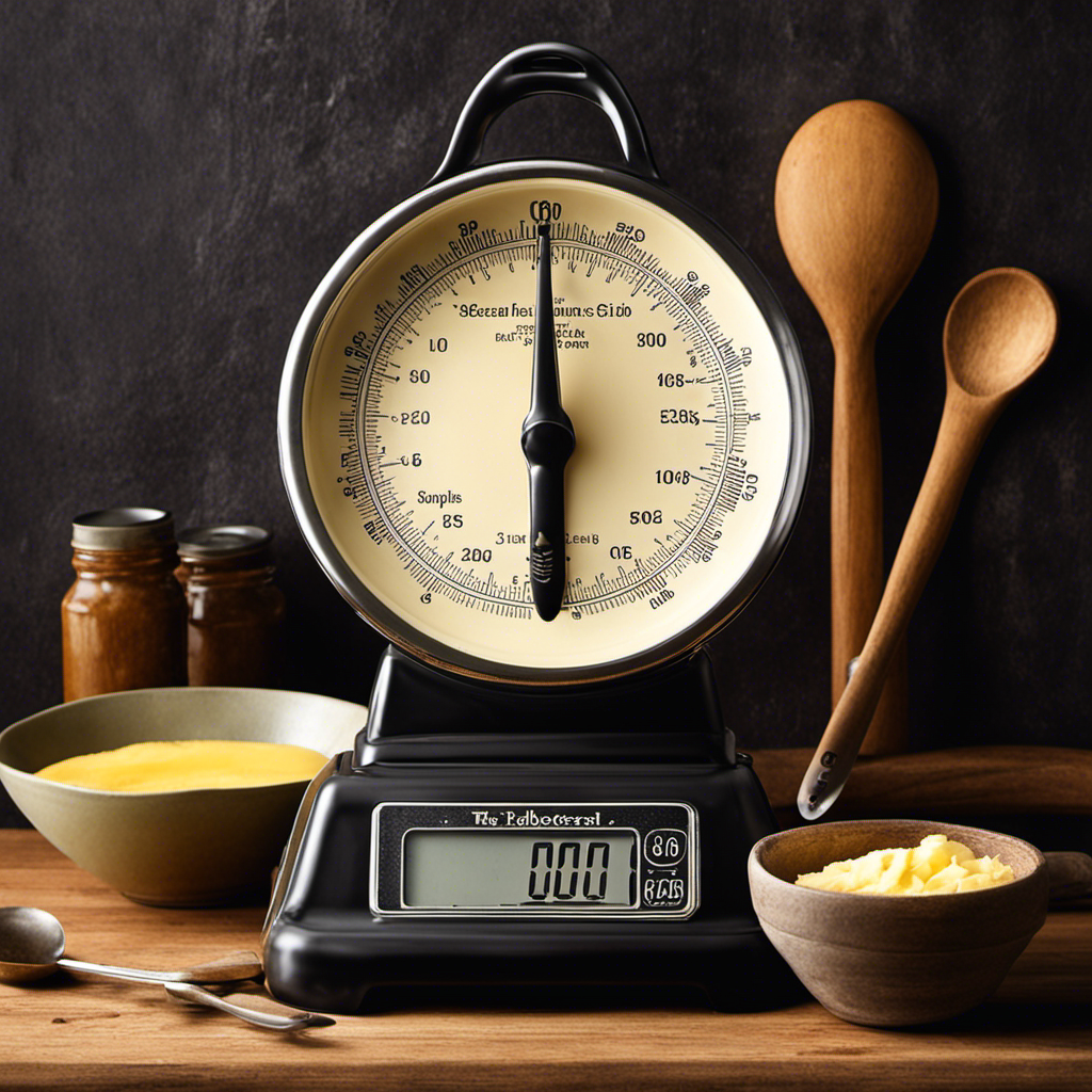 An image depicting a rustic kitchen scale with a pat of butter weighing 30 grams