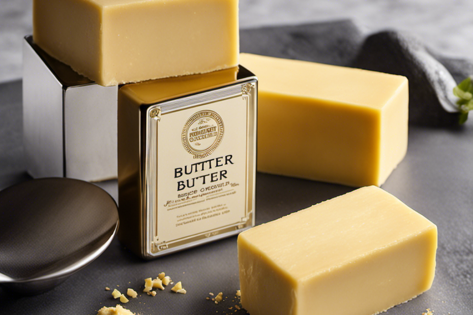 An image showcasing a small, rectangular block of creamy, golden butter, precisely weighing 30 grams