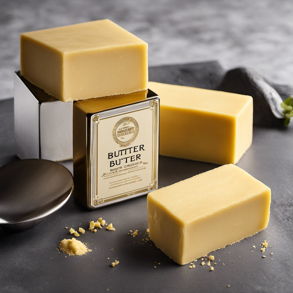 An image showcasing a small, rectangular block of creamy, golden butter, precisely weighing 30 grams