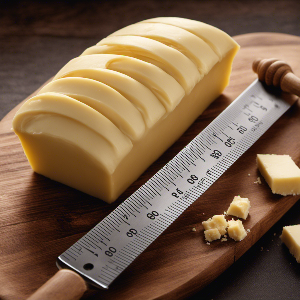An image showcasing a measuring scale with a stick of butter weighing exactly 4 ounces