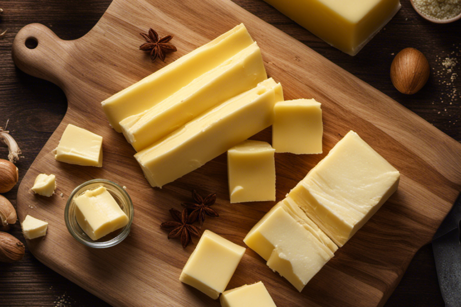 An image showcasing four sticks of butter, neatly arranged side by side on a rustic wooden cutting board
