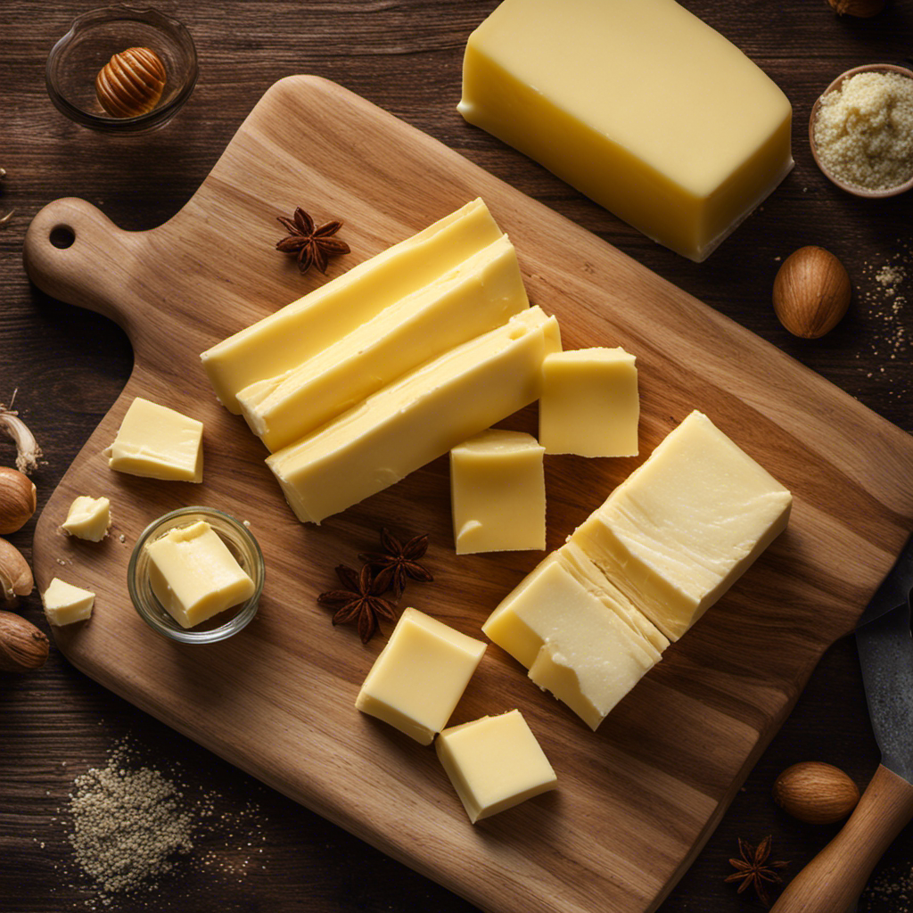 An image showcasing four sticks of butter, neatly arranged side by side on a rustic wooden cutting board