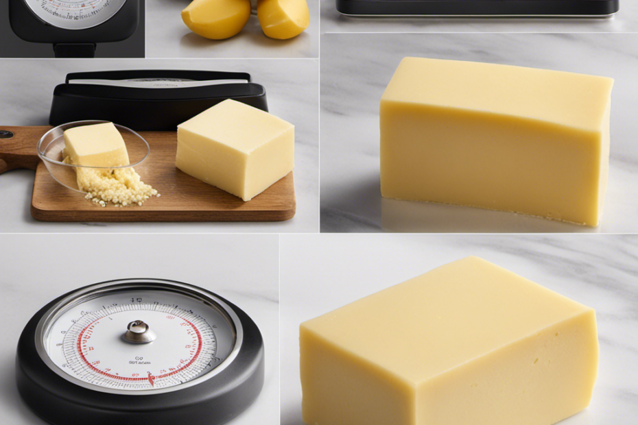 An image showcasing a precise measurement of 40 grams of butter, with a digital scale displaying the weight, a knife ready to cut it, and a small dish waiting to hold the exact portion