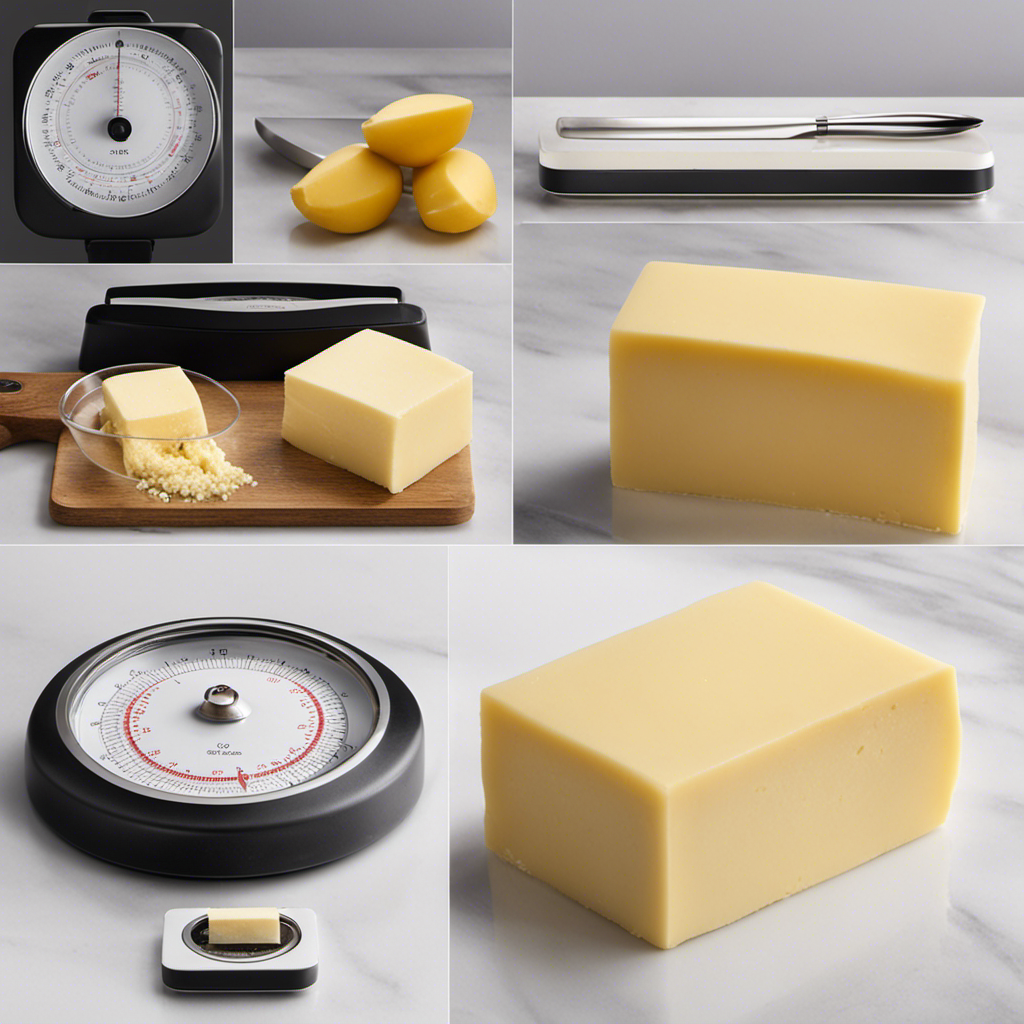 An image showcasing a precise measurement of 40 grams of butter, with a digital scale displaying the weight, a knife ready to cut it, and a small dish waiting to hold the exact portion