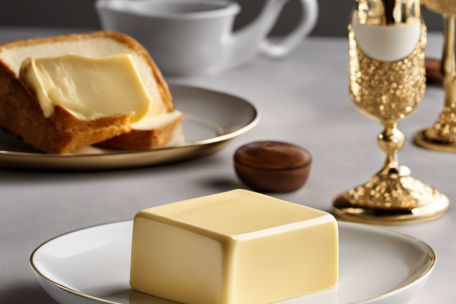 An image showcasing a precise 40-gram portion of butter, finely sculpted into a smooth rectangular shape, glistening with a golden hue, placed on a delicate white porcelain dish
