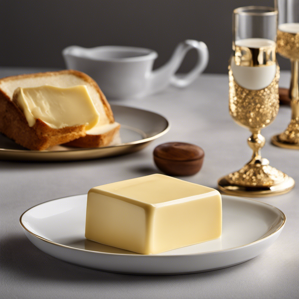 An image showcasing a precise 40-gram portion of butter, finely sculpted into a smooth rectangular shape, glistening with a golden hue, placed on a delicate white porcelain dish