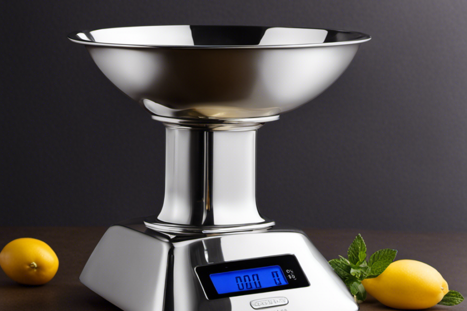 An image showcasing a sleek, silver kitchen scale with a small dish holding precisely 40 grams of creamy, golden butter