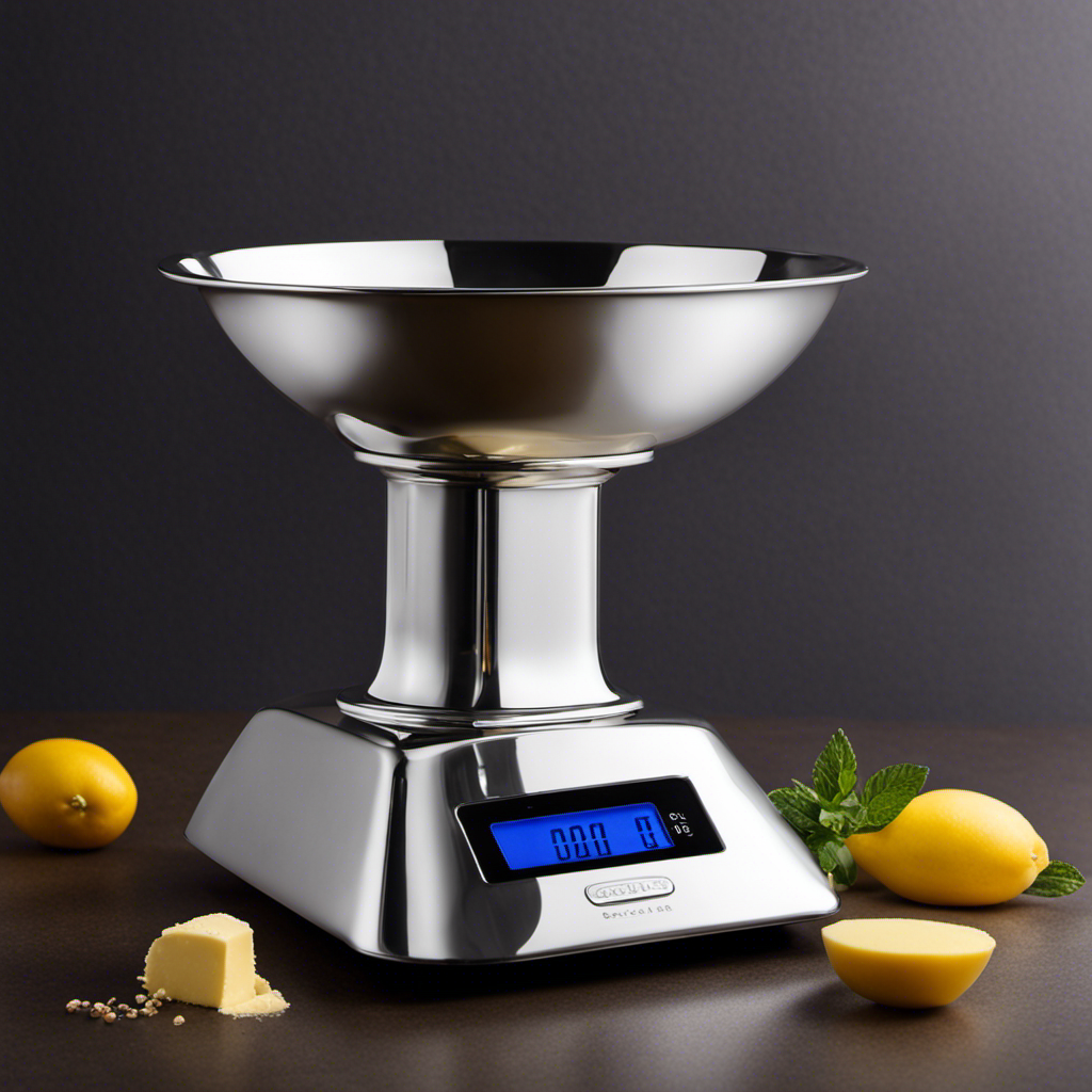 An image showcasing a sleek, silver kitchen scale with a small dish holding precisely 40 grams of creamy, golden butter