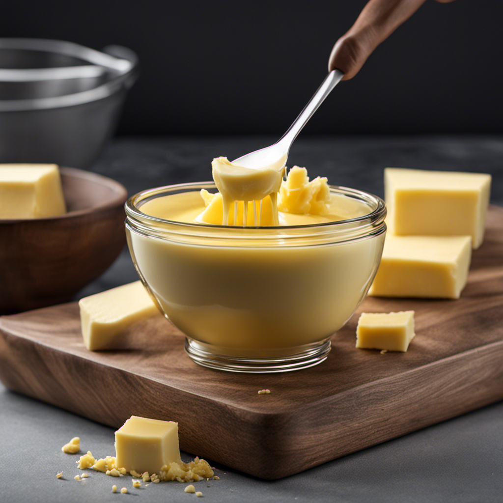An image showcasing a measuring cup filled with precisely 4 ounces of butter, beautifully melted and poured into a bowl