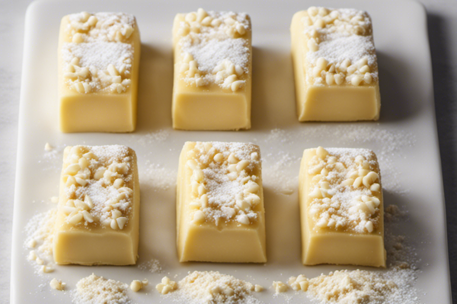 An image showcasing four identical sticks of butter, precisely measured at 1 ounce each, beautifully arranged side by side on a pristine white cutting board, surrounded by a gentle sprinkle of powdered sugar