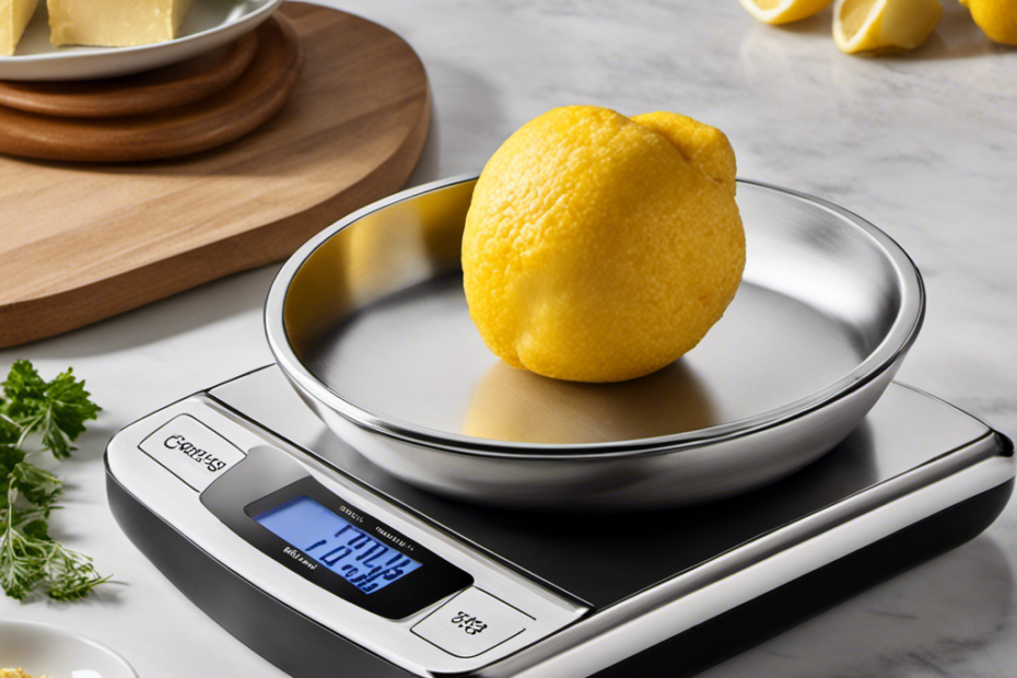 An image showcasing a sleek kitchen scale with a small dish holding precisely 50g of creamy butter, perfectly sculpted into a rectangular shape, emphasizing its weight and portion size