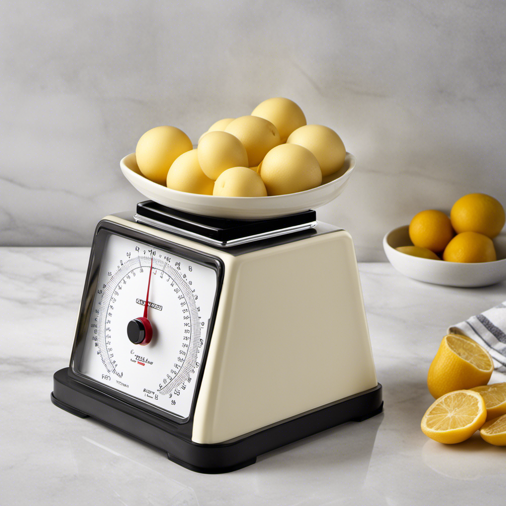 An image of a kitchen scale placed on a clean, white countertop