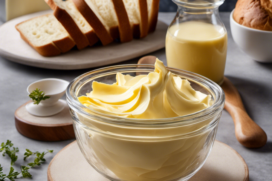 An image showcasing a transparent glass bowl filled with precisely measured 500g of creamy, golden-hued butter, glistening beneath natural sunlight with a pat of butter spread on freshly baked bread beside it