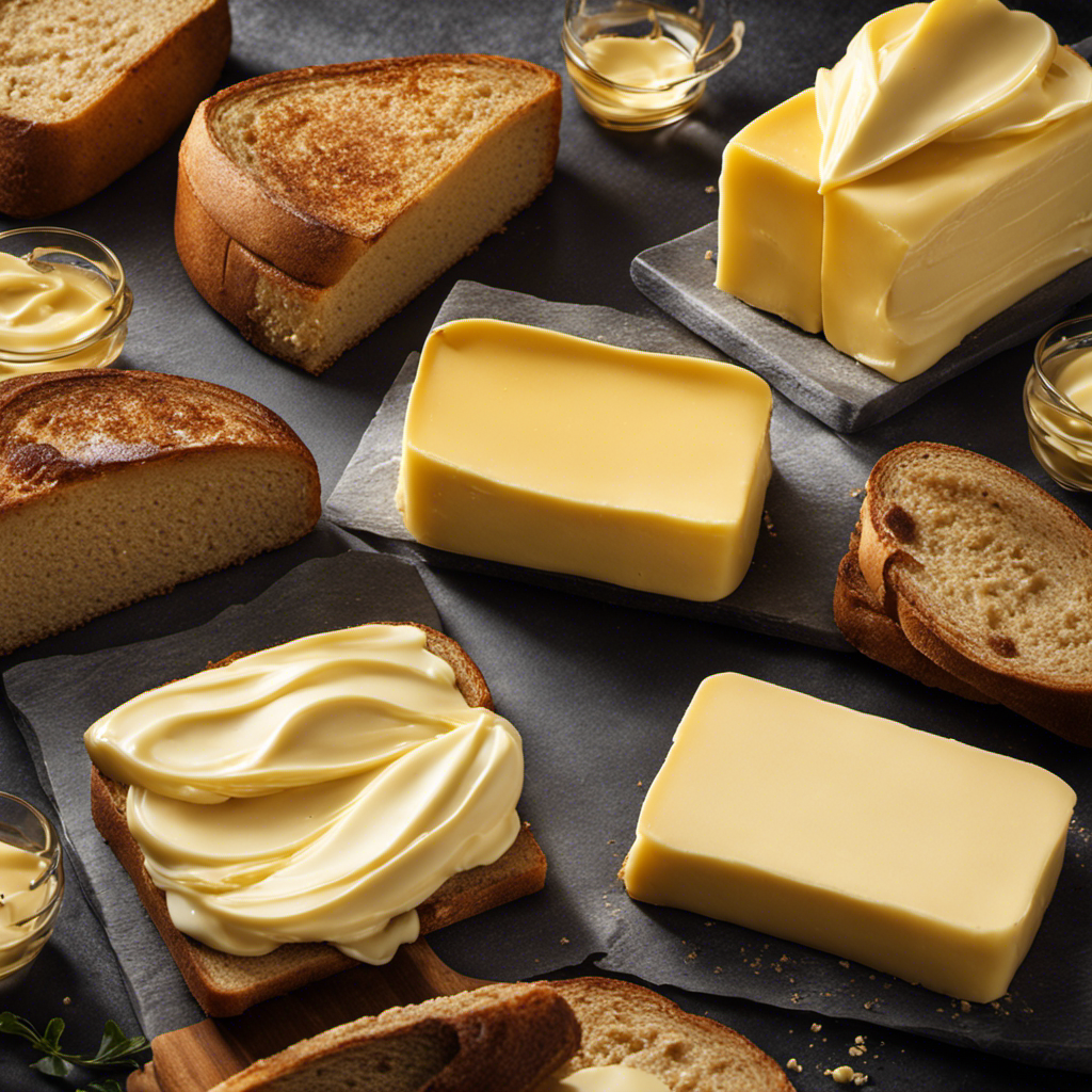 An image showcasing a precise 50g portion of butter gently melting on warm toast, capturing its creamy texture, glossy finish, and golden hue