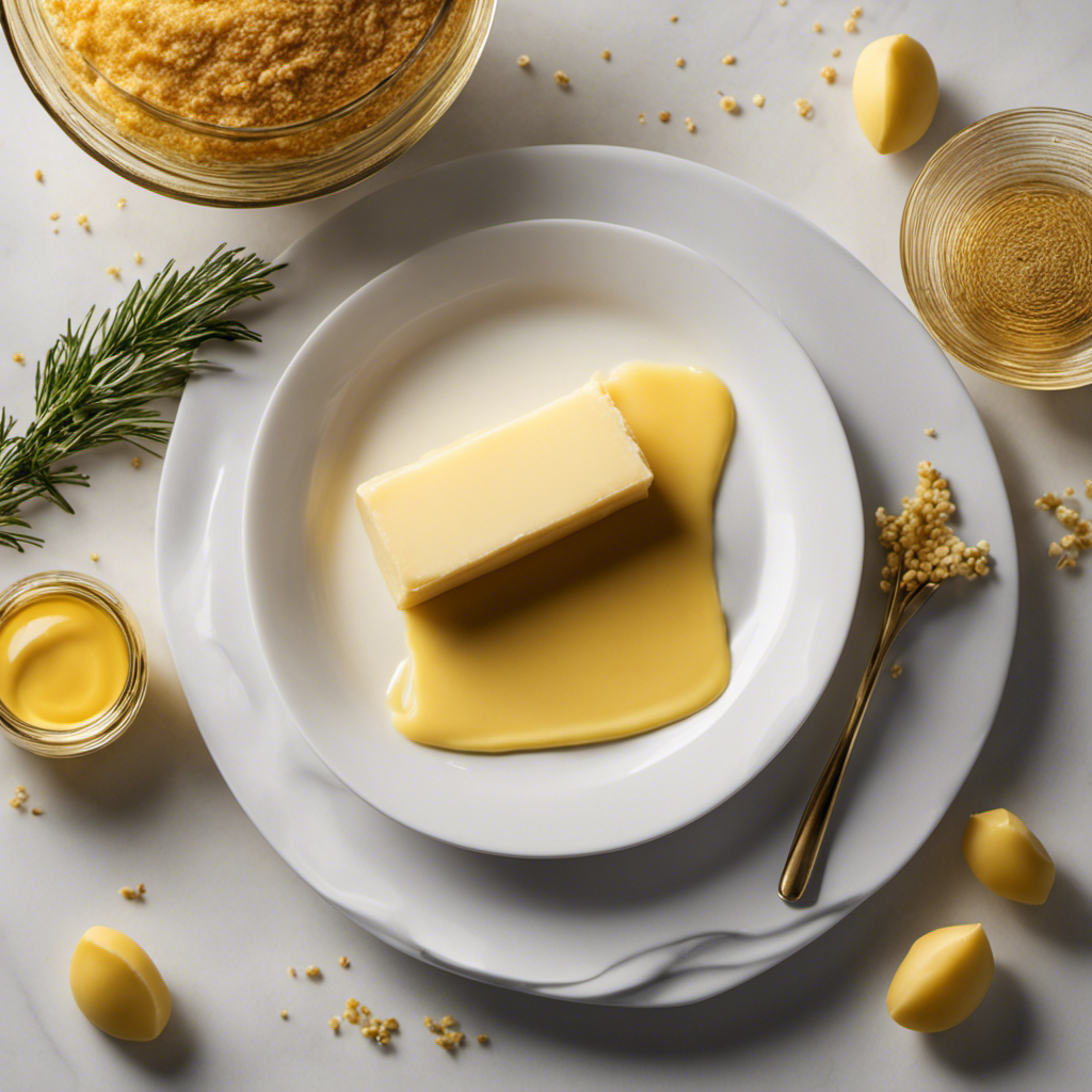 An image that showcases a precise measurement of 50g of butter, beautifully displayed on a pristine white plate