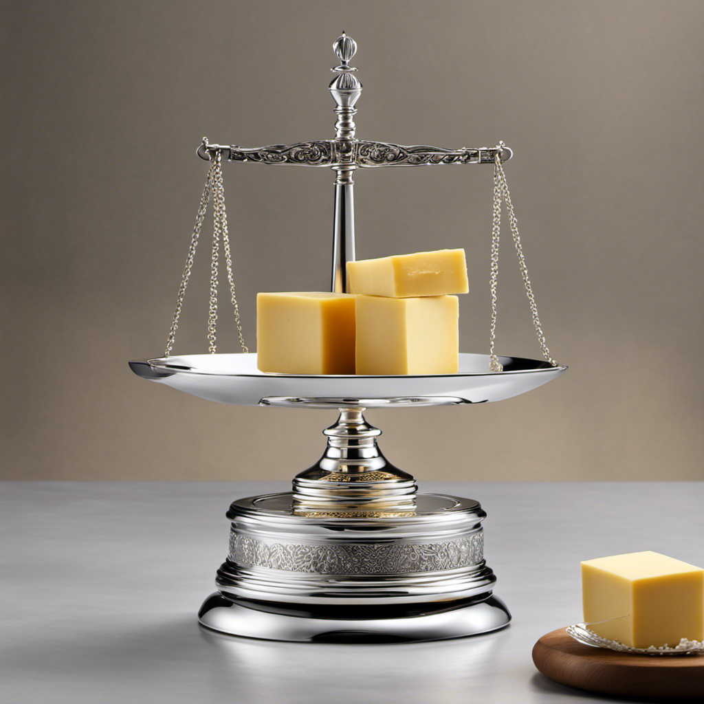 An image showcasing a sleek silver weighing scale with a small dish on one side, delicately balancing six golden blocks of butter, each weighing one ounce