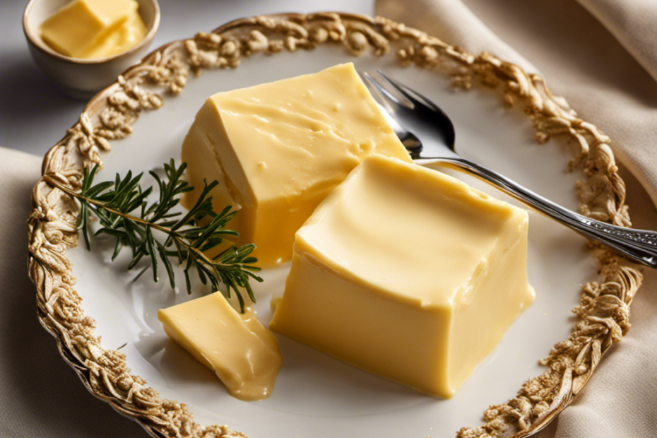 An image of a small dish holding 6 perfectly measured tablespoons of creamy, golden butter