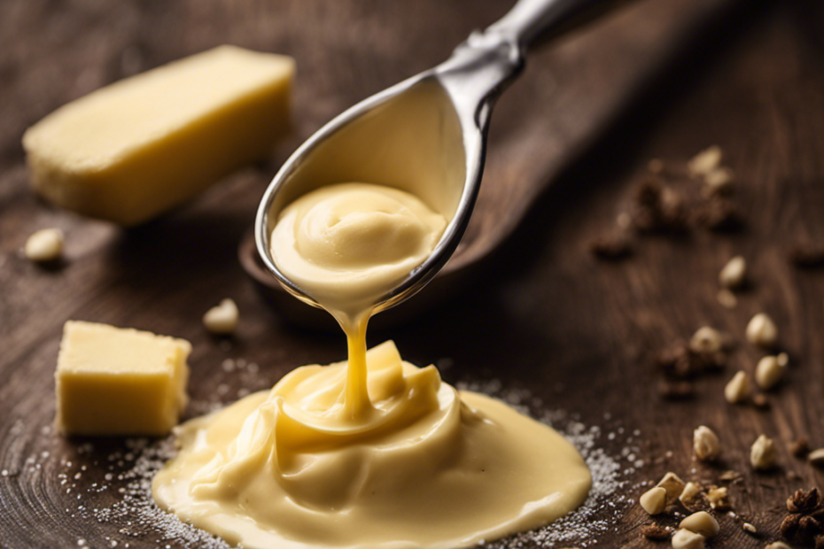 An image capturing a close-up shot of a measuring spoon filled with precisely measured 6 tablespoons of smooth, creamy butter, beautifully illuminated with soft lighting against a rustic wooden background
