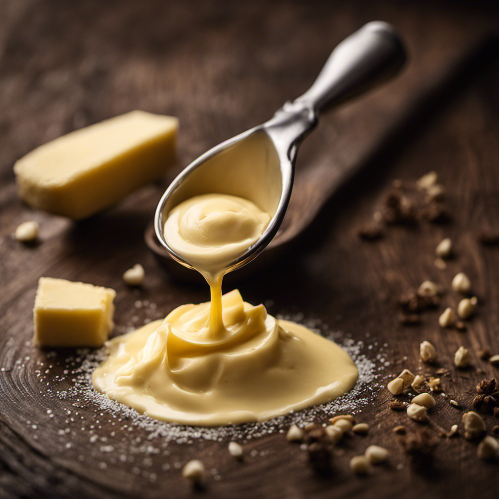 An image capturing a close-up shot of a measuring spoon filled with precisely measured 6 tablespoons of smooth, creamy butter, beautifully illuminated with soft lighting against a rustic wooden background