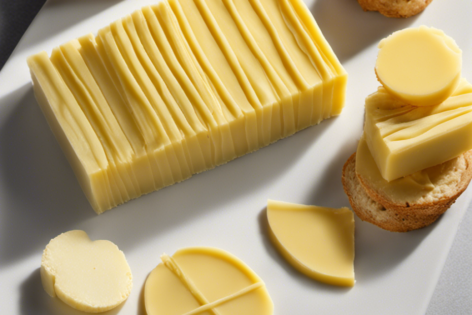 An image depicting a precise, evenly sliced yellow butter stick with clear measurement lines marking 60 grams