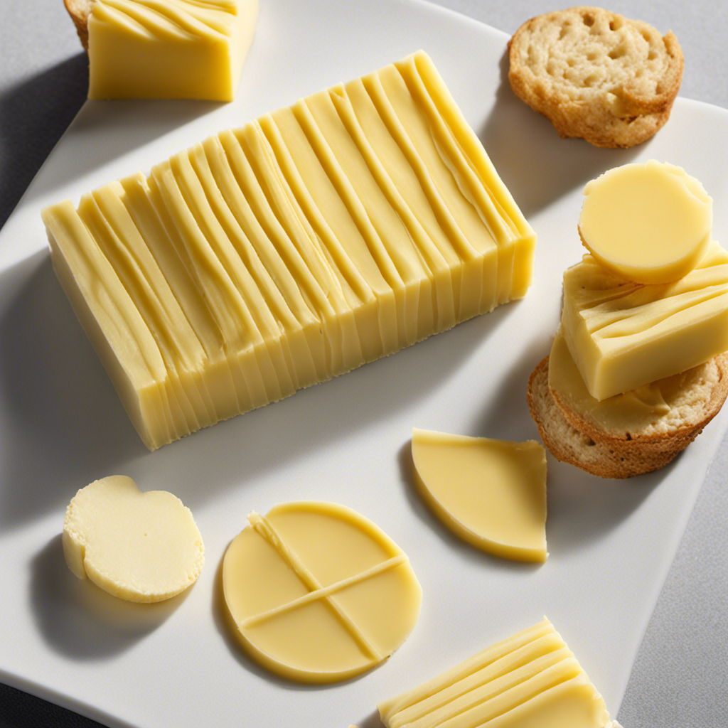 An image depicting a precise, evenly sliced yellow butter stick with clear measurement lines marking 60 grams