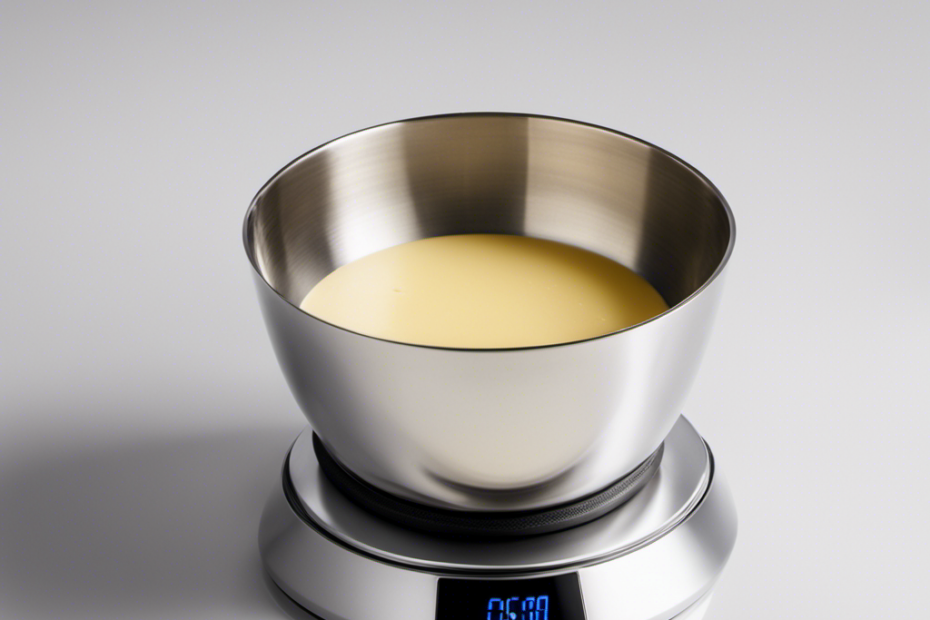 An image showcasing a sleek digital scale with a small stainless steel bowl placed on it, filled with precisely measured 60 grams of rich, creamy butter, perfectly displayed against a clean white backdrop