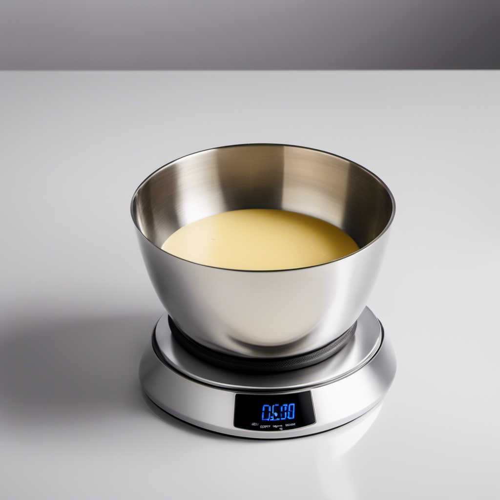 An image showcasing a sleek digital scale with a small stainless steel bowl placed on it, filled with precisely measured 60 grams of rich, creamy butter, perfectly displayed against a clean white backdrop