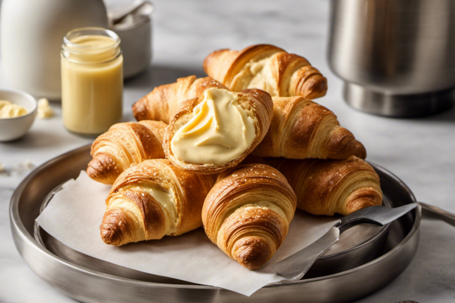 An image showing a measuring spoon filled with exactly 7 tablespoons of creamy, golden butter, displayed on a sleek kitchen countertop alongside a stack of freshly baked, flaky croissants and a handwritten recipe card