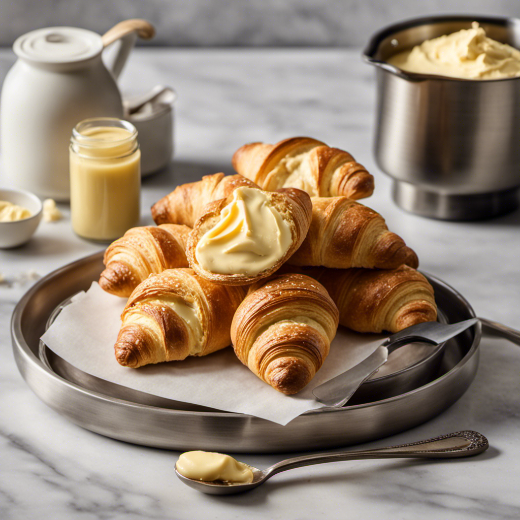 An image showing a measuring spoon filled with exactly 7 tablespoons of creamy, golden butter, displayed on a sleek kitchen countertop alongside a stack of freshly baked, flaky croissants and a handwritten recipe card