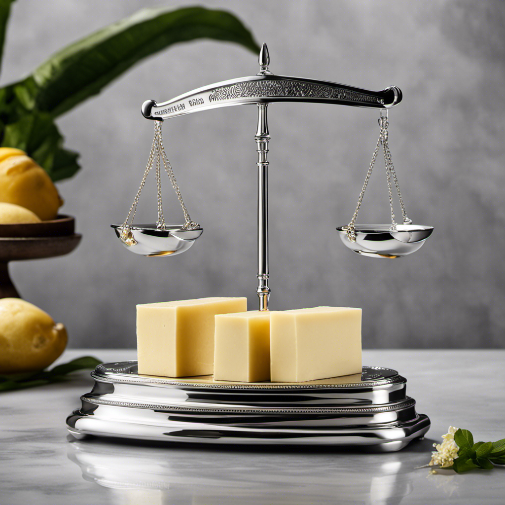 An image showcasing a silver measuring scale with a block of creamy butter placed on one side, precisely balancing eight shiny silver weights on the other side