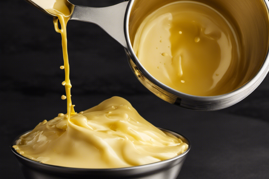 An image depicting a measuring cup with 8 tablespoons of melted butter pouring into a mixing bowl