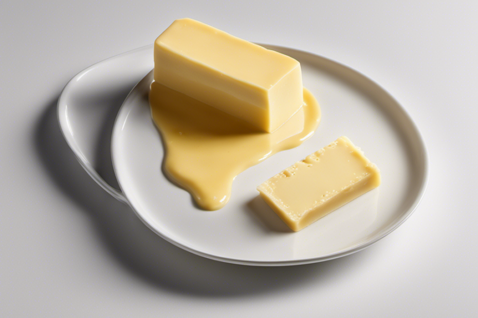 An image showcasing a stick of butter partially melted, precisely measured at 8 tablespoons, with its creamy yellow texture beautifully glistening on a pristine white surface