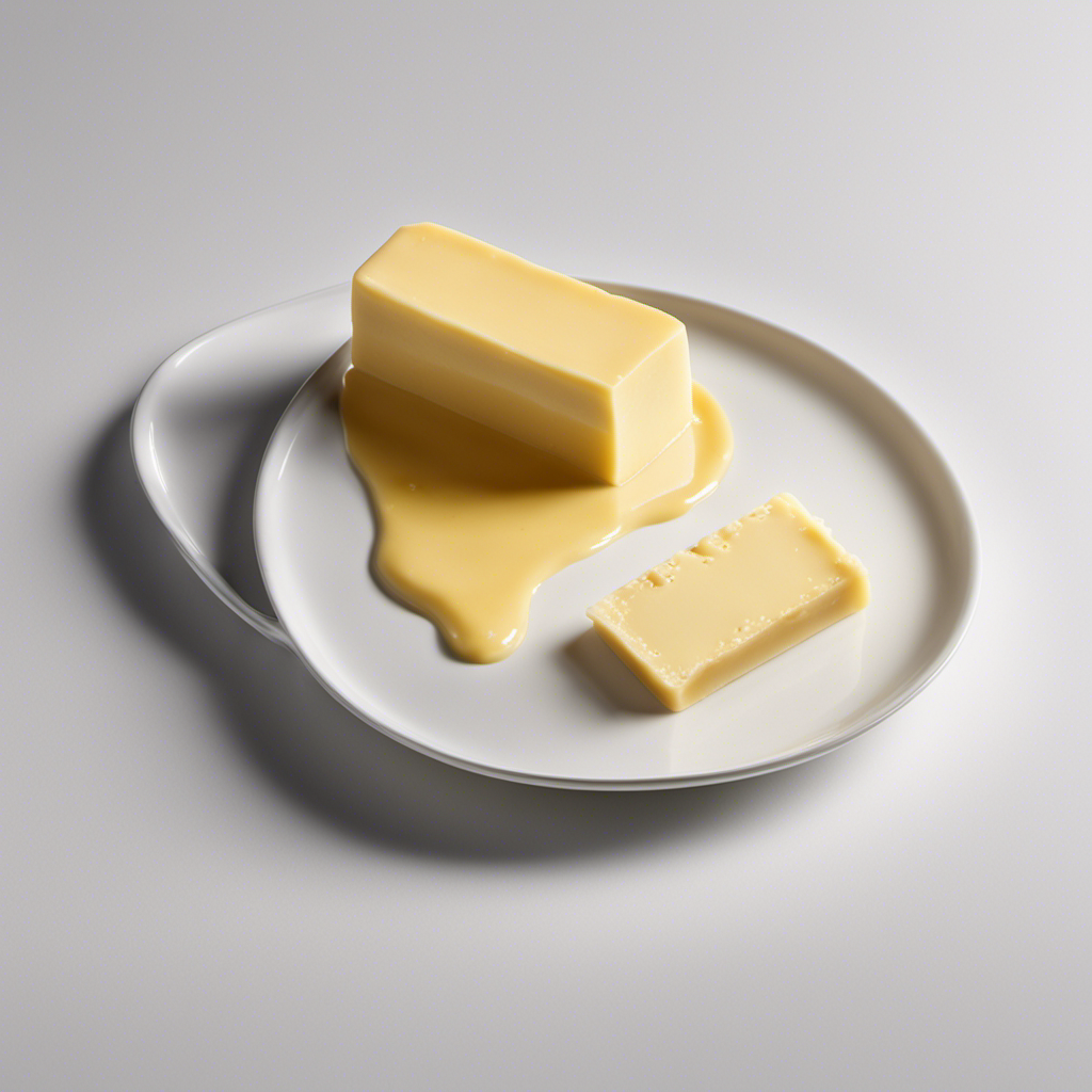 An image showcasing a stick of butter partially melted, precisely measured at 8 tablespoons, with its creamy yellow texture beautifully glistening on a pristine white surface