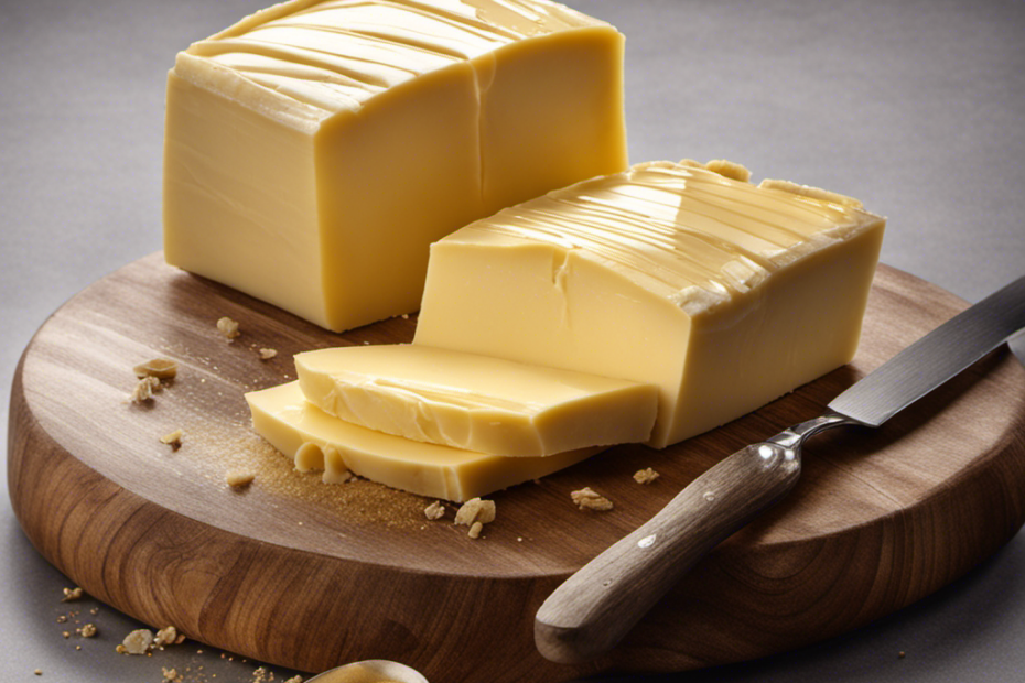 An image showcasing a slab of butter, neatly sliced into 80 grams, with the delicate golden hue glistening under soft lighting