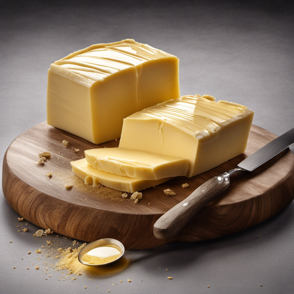 An image showcasing a slab of butter, neatly sliced into 80 grams, with the delicate golden hue glistening under soft lighting